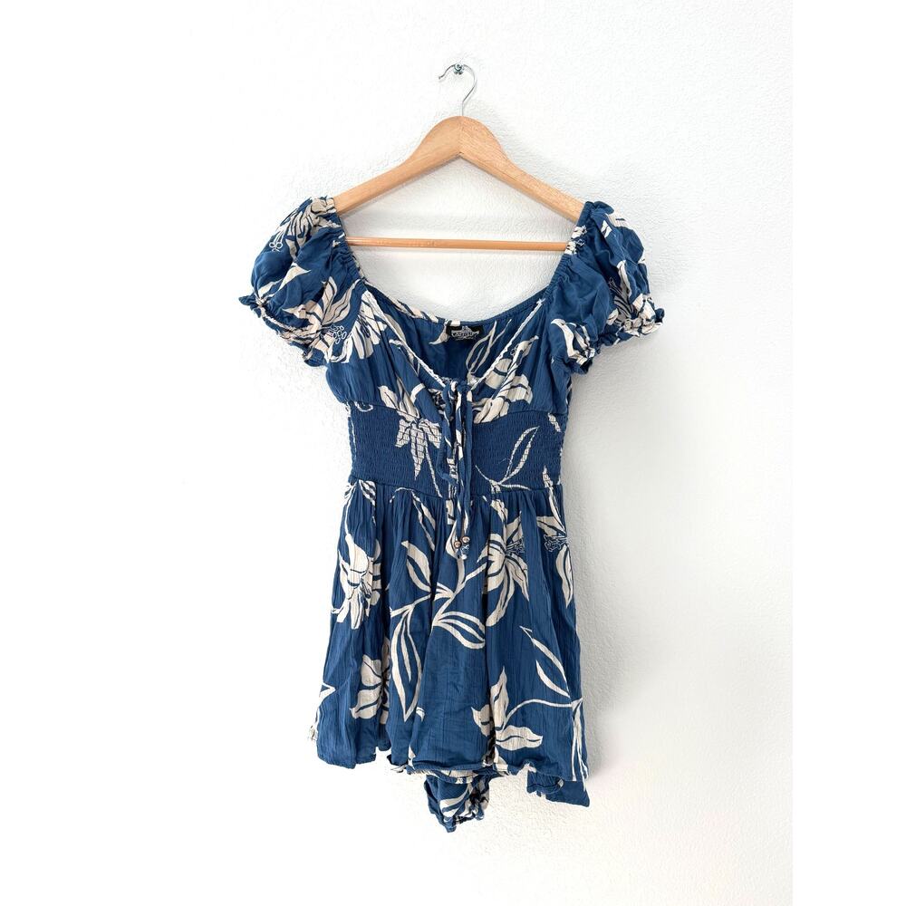 Angie Blue Floral Puff Sleeve Smocked Boho Romper Size Small